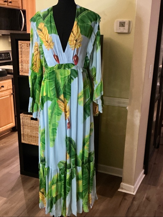FARM Rio Dresses & Skirts - Farm Rio Tropical V-Neck Maxi Dress in Light Blue and Green W Call Out Easy Fix